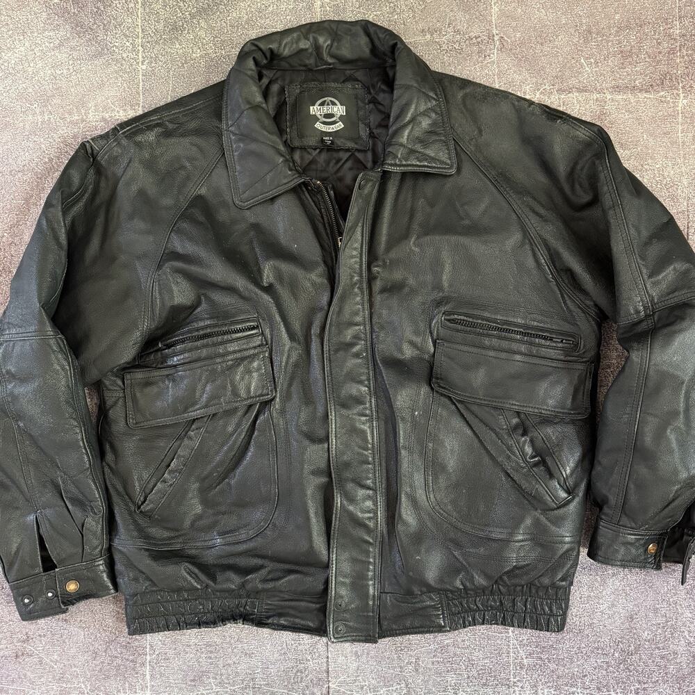 Men's Vintage American Outerwear Black Leather A2 Flight Bomber Zip Jacket Sz LT